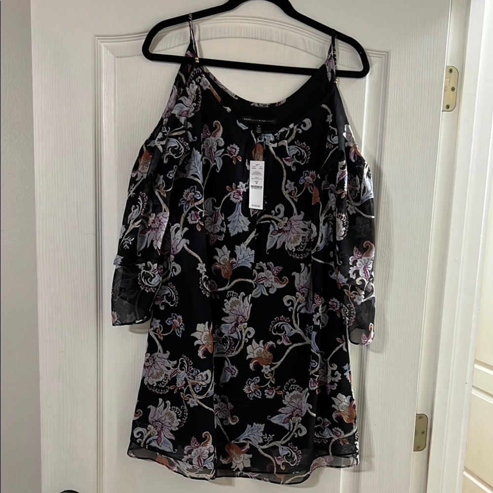 NWT White House Black Market Elegant Black Dress with Floral Design Size Medium